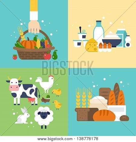 Farm vegetables dairy products bread and animals icons set. Harvest agriculture and natural organic farm icons for graphic and web design