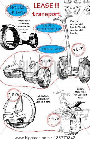 Vector illuctration of Hand drawn brochure for lease. Modern urban transport, Electric scooter, Balancing scooter, Moto cycle. Template booklet.
