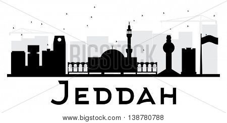 Jeddah City skyline black and white silhouette. Vector illustration. Simple flat concept for tourism presentation, banner, placard or web site. Business travel concept. Cityscape with landmarks