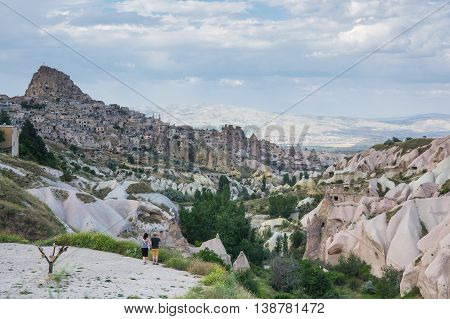 Pigeon valley and Ushisar castle in Cappadocia Central AnatoliaTurkey