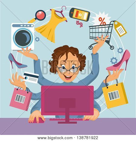 multiarm woman shopped online store. E-shopping concept.