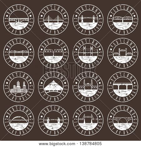 Vintage Grunge  Labels Set Of Portland , Oregon , Usa . Retro Emblems Of Bridges .