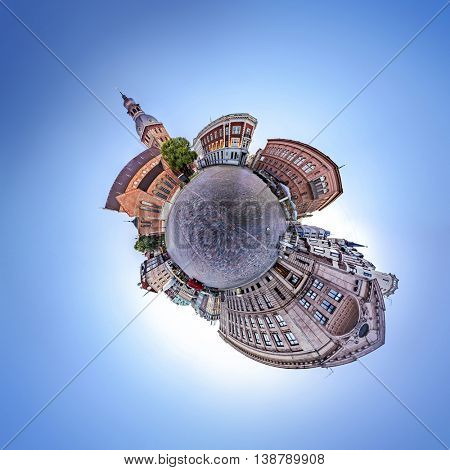 360 degree Tiny planet Skyline view of Riga old town Dome Square During Dawn time. Montage from 47 HDR images