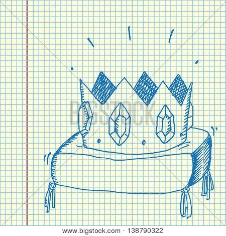 Golden crown with jewels. Hand drawn vector stock illustration. Sheet ball pen drawing.
