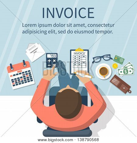 Invoice concept. Man at table calculations on payment bills receipts invoices. Flat design abstract vector illustration. Accounting checking. Paperwork calculation. Money counting.