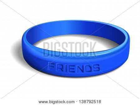 Blue plastic wristband with the inscription - FRIENDS. Friendship band isolated on white background. Realistic illustration for International Friendship Day