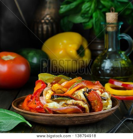 Fresh French ratatouille in crockery plate still life