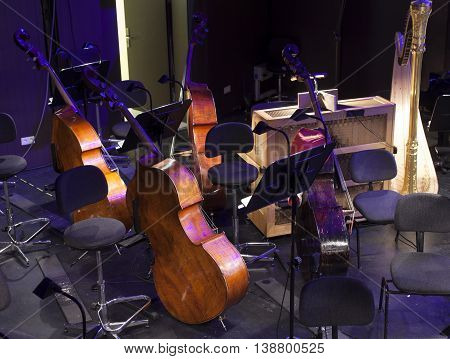 musical instruments on the stage and in the orchestra pit