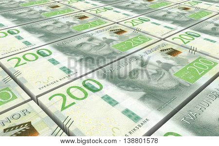 Swedish kronor bills stacks background. 3D illustration.