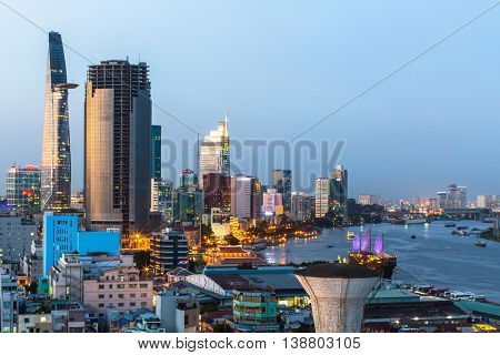 HO CHI MINH CITY, VIETNAM - CIRCA JAN, 2016: Top view of Saigon River at night time. Saigon River (the length of 256 kilometers) is most important to Ho Chi Minh City as it is the main water supply.