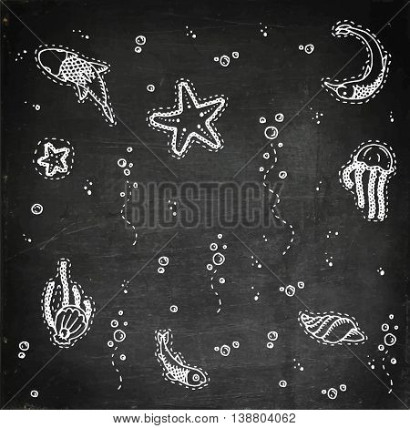 Sea underwater creatures. Hand drawn vector stock illustration. Chalk board drawing.