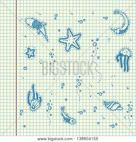 Sea underwater creatures. Hand drawn vector stock illustration. Sheet ball pen drawing.