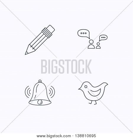 Dialogue, pencil and bird icons. Bell rings linear sign. Flat linear icons on white background. Vector