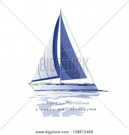 Sailing yacht vector icon blue isolated with reflection