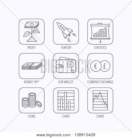 Profit investment, cash money and startup rocket icons. Wallet, currency exchange and euro linear signs. Chart, coins and statistics icons. Flat linear icons in squares on white background. Vector