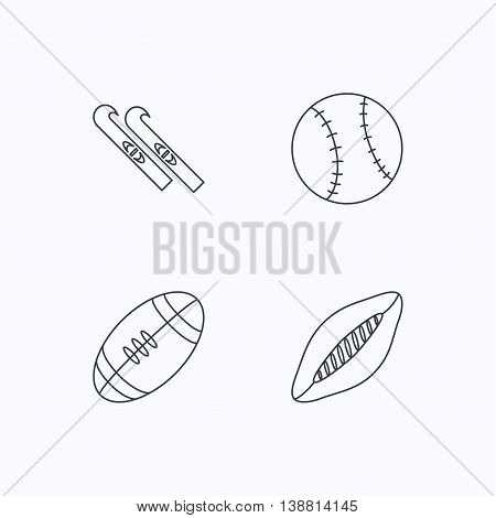 Sport fitness, rugby ball and baseball icons. American footbal, skis linear signs. Flat linear icons on white background. Vector