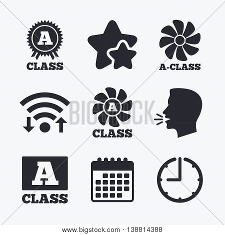A-class award icon. A-class ventilation sign. Premium level symbols. Wifi internet, favorite stars, calendar and clock. Talking head. Vector