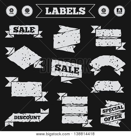 Stickers, tags and banners with grunge. A-class award icon. A-class ventilation sign. Premium level symbols. Sale or discount labels. Vector