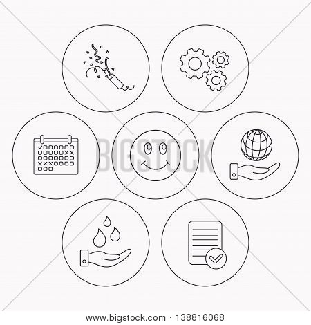 Save water, save planet and slapstick icons. Smiling face linear sign. Check file, calendar and cogwheel icons. Vector