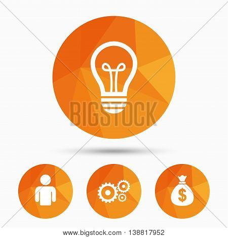 Business icons. Human silhouette and lamp bulb idea signs. Dollar money bag and gear symbols. Triangular low poly buttons with shadow. Vector