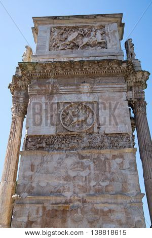 ROME, ITALY - APRIL 8, 2016: Arch of Constantine, ancient construction of emperor victory over Maxentius in 312AD, Locates next to Coliseum
