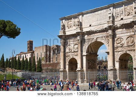 ROME, ITALY - APRIL 8, 2016: Arch of Constantine, ancient construction of emperor victory over Maxentius in 312AD, Locates next to Coliseum