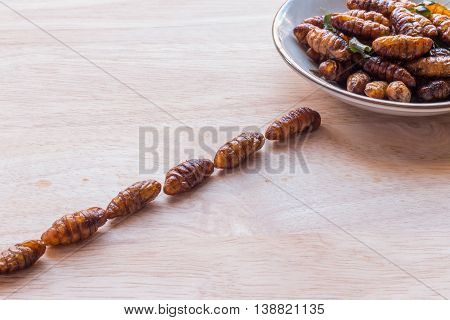 Fried Insects - Wood Worm Insect Crispy Walking Into The Dish On Woodern Background, Abstract, Conce