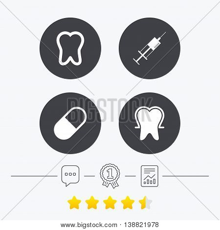 Tooth enamel protection icons. Medical syringe and pill signs. Medicine injection symbol. Chat, award medal and report linear icons. Star vote ranking. Vector