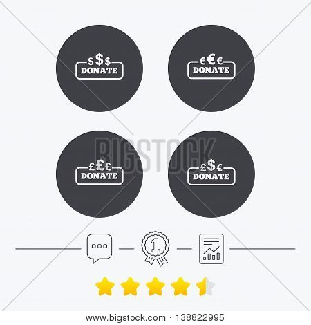 Donate money icons. Dollar, euro and pounds symbols. Multicurrency signs. Chat, award medal and report linear icons. Star vote ranking. Vector
