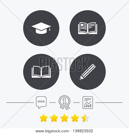 Pencil and open book icons. Graduation cap symbol. Higher education learn signs. Chat, award medal and report linear icons. Star vote ranking. Vector