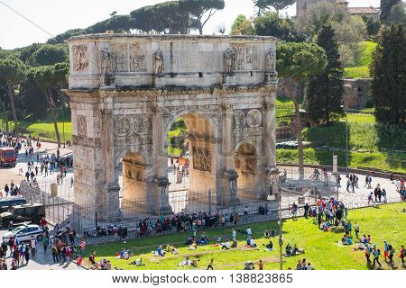 ROME, ITALY - APRIL 8, 2016: Arch of Constantine, ancient construction of emperor victory over Maxentius in 312AD, Locates next to Coliseum