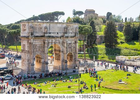 ROME, ITALY - APRIL 8, 2016: Arch of Constantine, ancient construction of emperor victory over Maxentius in 312AD, Locates next to Coliseum