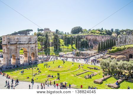 ROME, ITALY - APRIL 8, 2016: Arch of Constantine, ancient construction of emperor victory over Maxentius in 312AD, Locates next to Coliseum