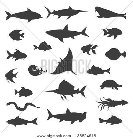 Fish symbol silhouettes. Fishes black vector icons on white background