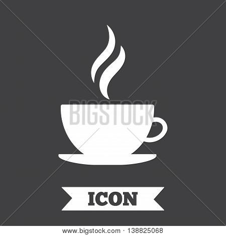 Coffee cup sign icon. Hot coffee button. Hot tea drink with steam. Graphic design element. Flat coffee symbol on dark background. Vector