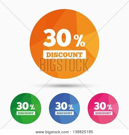 30 percent discount sign icon. Sale symbol. Special offer label. Triangular low poly button with flat icon. Vector