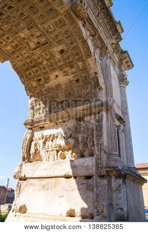 ROME, ITALY - APRIL 8, 2016: Arch of Constantine, ancient construction of emperor victory over Maxentius in 312AD, Locates next to Coliseum