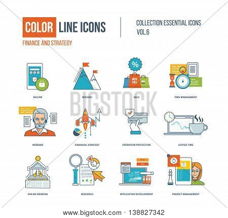 Color thin Line icons set. Secure payments, big sale, time management, financial strategy, operation protection, online banking, research, application development. Colorful logo and pictograms