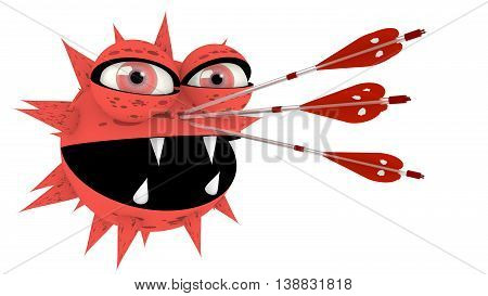 An ugly light red virus with sharp teeth is hit by three silver arrows with shield texture cybersecurity 3D illustration