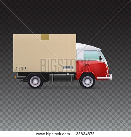 Red and white delivery van with cardboard package and fragile signs. Delivery vehicle truck for the shipping of goods on transparent background.