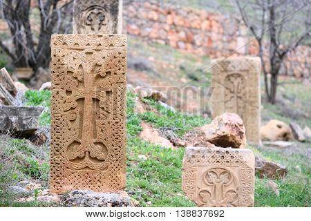 Sacred place at Ancient monastery Noravank in the mountains in Amaghu valley, Armenia. Was founded in 1205. 