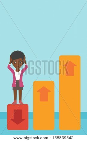 An african-american business woman clutching her head. Bankrupt standing on chart going down. Concept of business bankruptcy. Vector flat design illustration. Vertical layout.