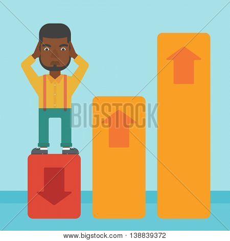 An african-american bankrupt clutching his head. Bankrupt standing on chart going down. Concept of business bankruptcy. Vector flat design illustration. Square layout.