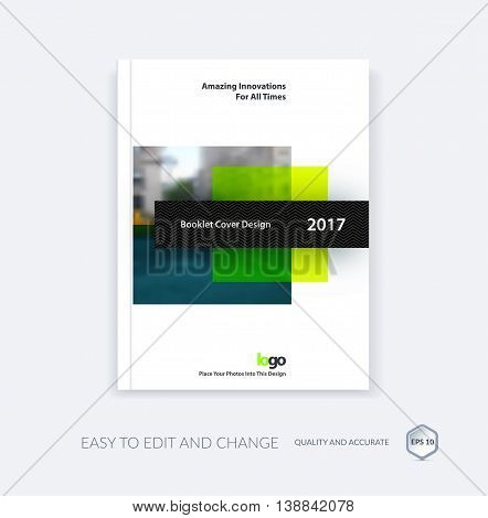 Abstract cover design template for annual report. Creative brochure or leaflet in A4 with green rectangles shapes and square for business in material design style with overlay effect. Modern vector.