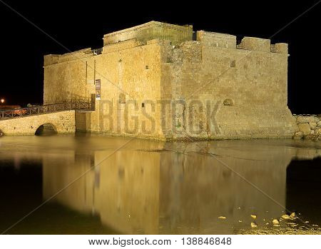 Ancient Medieval Castle at night in Paphos, Cyprus