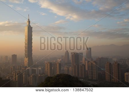 Taipei, Taiwan - January 5, 2015: Photograph of Taipei city skyline uring sunset.
