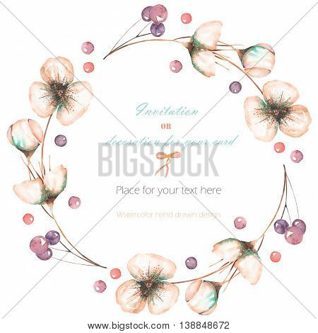 Wreath, circle frame with the watercolor pink abstract flowers and berries, hand drawn on a white background, wedding design, greeting card or invitation