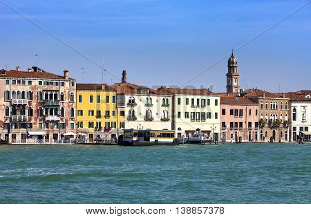 Venice. Italy. Bright ancient houses lengthways Canal Grande
