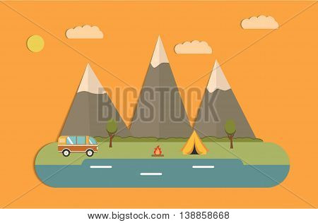 Tourist camp against mountains.infrastructure flat.landscape with the river and mountains.Summer landscape.Solitude in nature by the lake. Weekend in the tent.Hiking and camping.Natural landscape