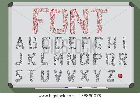 Cartoon abstract alphabet. Font type. Vector stock illustration. Black and white whiteboard drawing.